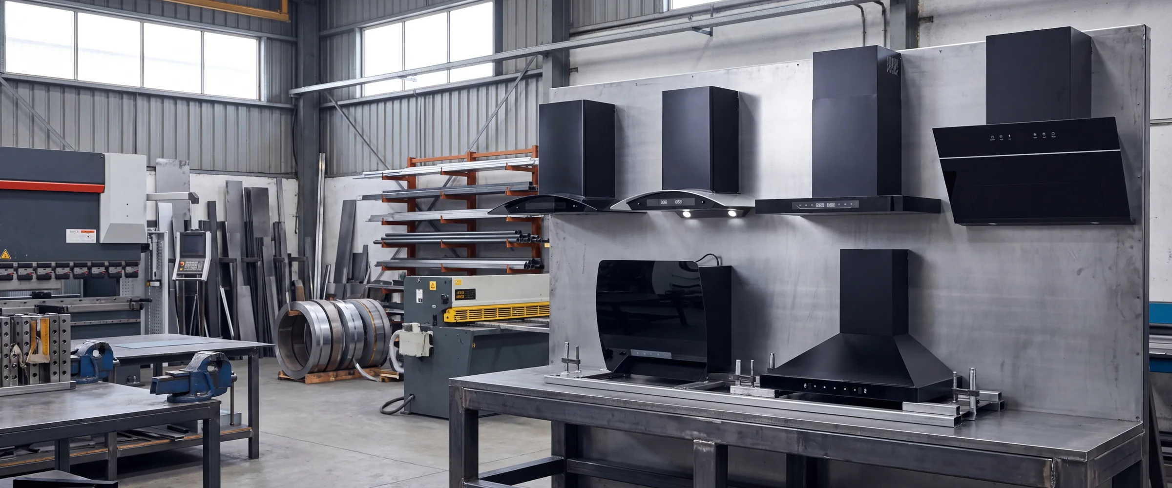 Indus chimney, curved, T-shape, inclined and pyramid kitchen hoods on a steel display wall in the fabrication shop