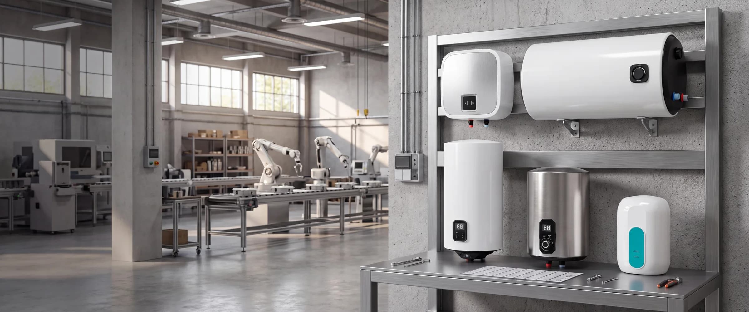 Indus storage and instant water heaters on a steel rack beside the assembly floor